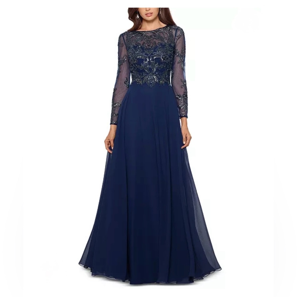 Women's Sequin Embellished Long Sleeve Chiffon Gown in Navy Blue